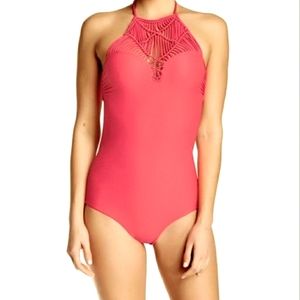 NWT Mikoh Moorea Macrame Halter Monokini Bright Coral Color Size M